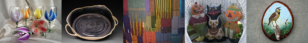Colorful glassware, pottery, textiles, and artwork display.